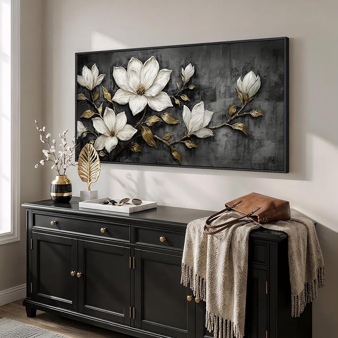 Large Framed Black and White Botanical Wall Art for Living Room, Modern Magnolia Floral Canvas Prints Paintings, Elegant Flower with Gold Leaves Pictures for Dining Room Office Wall Decor, 60x30 Inch