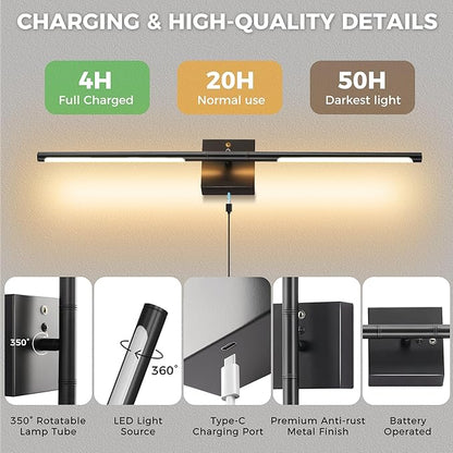 DORESshop Battery Operated Wall Sconces Set of 2, Dimmable Battery Wall Sconce with Remote Control, Black 350°Rotate Rechargeable Sconces, 29 Inch Wireless Wall Lights for Bedroom, Living Room