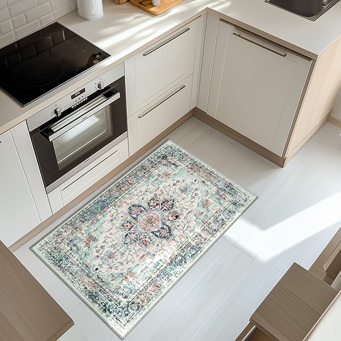 BESTSWEETIE 2x3 Area Rug Washable Rugs for Living Room, No Pile Boho Carpet for Entryway Bedroom Dinning Room, Vintage Carpet Print Distressed Non-Slip, 2 x 3 ft, Multi Navy Teal