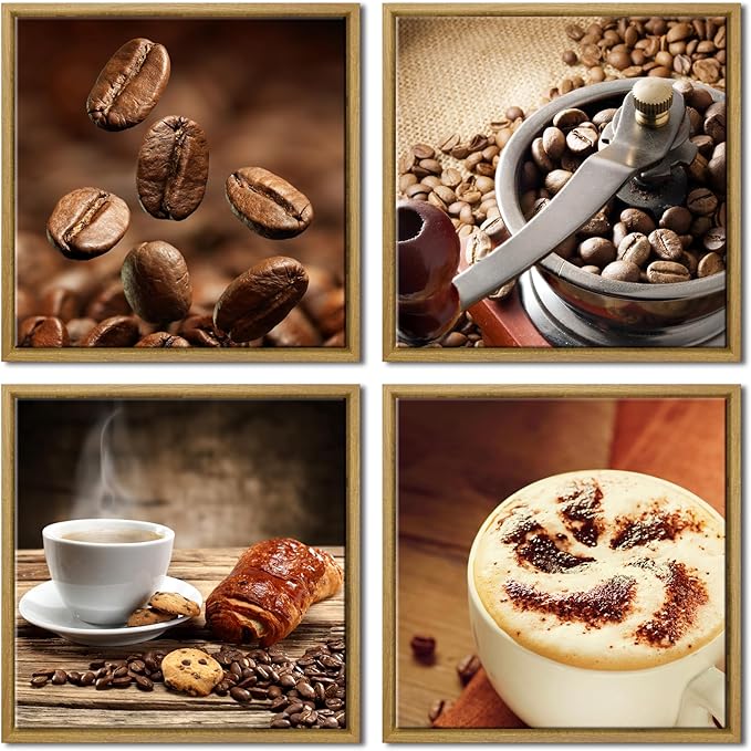 Wieco Art Framed 4 Panels Canvas Wall Art Coffee Bean Kitchen Canvas Prints Wall Art for Living Room Decor Bedroom Home Bathroom Wall Decor
