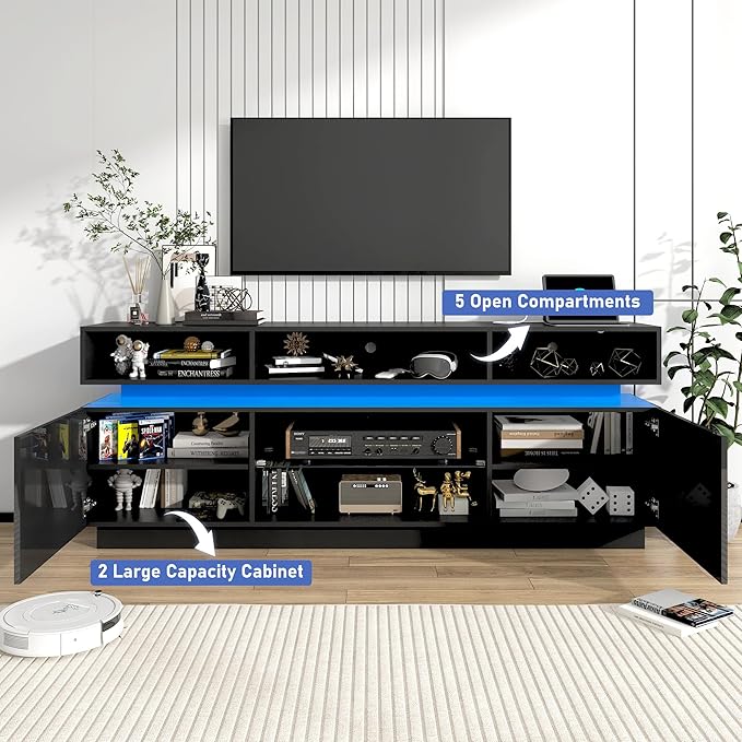 chartustriable LED TV Stand for 75 Inch TV, Modern Tall Entertainment Center with Power Outlets, High Gloss TV Stand, Gaming TV Media Console with Glass Shelf for Living Room, 63 Inch, Black