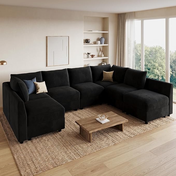 HONBAY Modular Sectional Sofa with Storage U Shape Sectional Sofa Velvet Sectional Couches for Living Room,Black