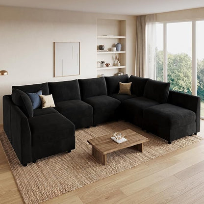 HONBAY Modular Sectional Sofa with Storage U Shape Sectional Sofa Velvet Sectional Couches for Living Room,Black