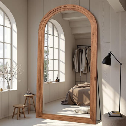 Full Length Mirror, 81"x41" Wooden Mirror Full Length with Stand Wood Floor Mirror, Oversized Stand Up Mirrors Large Wall Mirrors, Wall Mounted Mirrors, Arched Wood Style, Brown