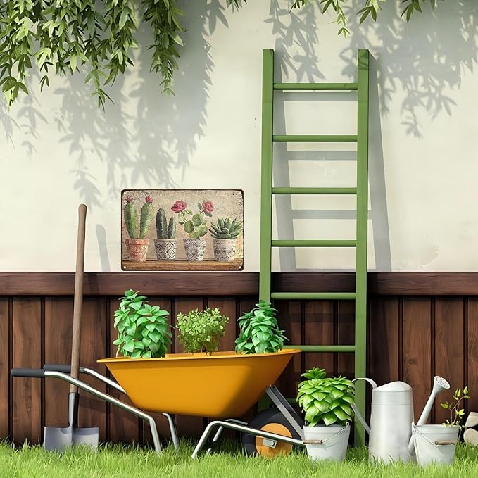 Four basins Cactus Metal tin Sign Watercolor Cactus Tin Sign Green Plant Wall Decor for Home Living Room Kitchen Garden Bedroom Office Hotel Cafe And Pub Decoration 8x12inch