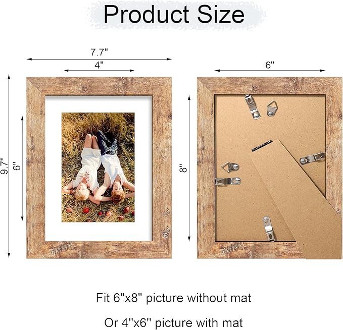 iRahmen 6x8 Picture Frame with Mat 4x6 - High Definition Real Glass Wooden Photo Frames for Tabletop Display and Wall Mounting (Rustic Brown, Set of 2)