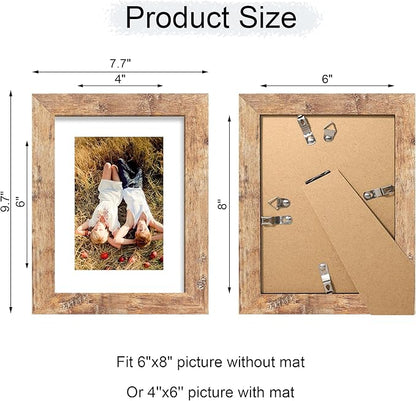 iRahmen 6x8 Picture Frame with Mat 4x6 - High Definition Real Glass Wooden Photo Frames for Tabletop Display and Wall Mounting (Rustic Brown, Set of 2)