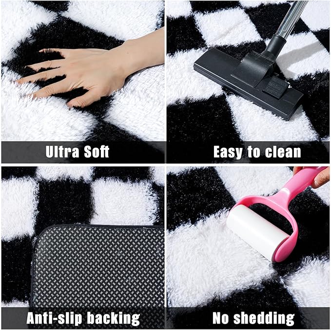 Fluffy Area Rugs for Living Room, Shaggy Carpets for Living Room, Upgrade Anti-Slip Fuzzy Rugs for Kids' Room, Perfect Decor for Modern Home Black White Grid 2x6 Ft