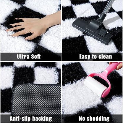 Area Rugs for Living Room, Shaggy Carpets for Living Room, Fuzzy Rugs for Kids' Room, Perfect Decor for Modern Home Black White Grid 9x12 Ft