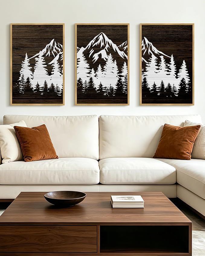 PHOPAGO Mountains Tree Framed Wall Art Large 16x24in Boho Forest Nature Landscape Artwork Paints Morden Country Woodcut Wood Wall Decor Rustic Home Decor - Natural Framed