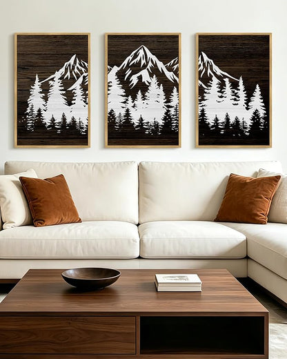 PHOPAGO Mountains Tree Framed Wall Art Large 16x24in Boho Forest Nature Landscape Artwork Paints Morden Country Woodcut Wood Wall Decor Rustic Home Decor - Natural Framed