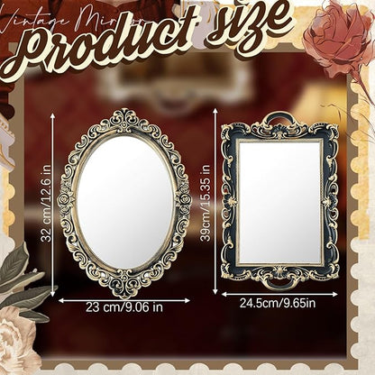 Beeveer 2 Style Vintage Mirrors Set Decorative Oval Wall Mirror Small Antique Mirrored Tray Decorative Hanging Mirror for Bathroom Bedroom Jewelry Organizer Victorian Decor (Square,Antique Gold)