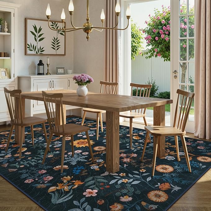 LIVEBOX Sunflower Botanical Washable 8x10 Area Rugs, Blue Rug for Living Room, Non Slip Rugs for Bedroom, Boho Floral Indoor Throw Dining Room Carpet for Under Table Home Office Nursery Playroom