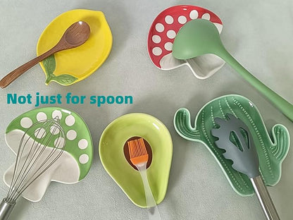 Ceramic Spoon Rest for Stove Top & Kitchen Counter Spoon Holder for Stove & Cooking Spoon Holder for Ladle Cute Spoon & Utensil Rest Tong Spatula Rest, Mushroom Kitchen Decor & Accessories (Green)