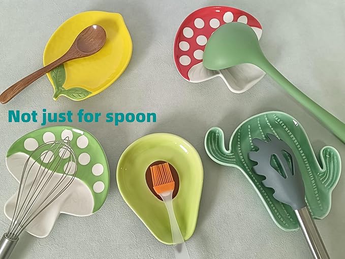Ceramic Spoon Rest for Stove Top & Kitchen Counter Spoon Holder for Stove & Cooking Spoon Holder for Ladle Cute Spoon & Utensil Rest Tong Spatula Rest, Mushroom Kitchen Decor & Accessories (Yellow)