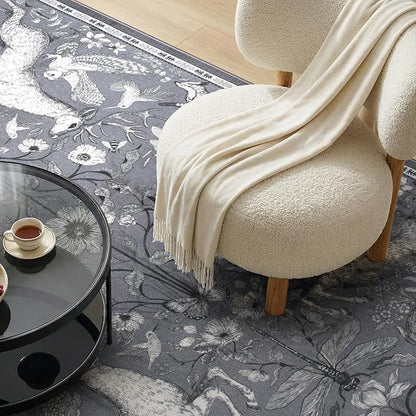 Lahome 5x7 Washable Deer Rug, Dorval Boho Woodland Vintage Area Rug, Non Slip Low Pile Soft Grey Carpet for Living Room Bedroom Nursery Dining Room Kitchen Farmhouse Home Decor