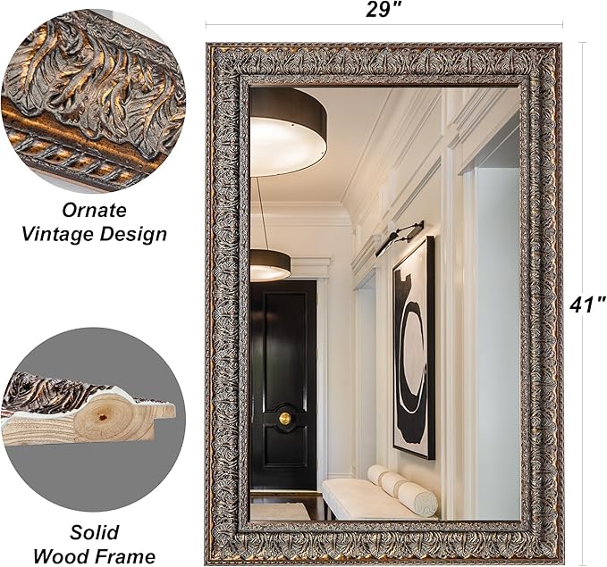 Chende 41" L x 29" W Rectangular Wall Mirror for Living Room Decor, Large Decorative Mirror with Bronze Carved Wood Frame, Dining Room, Bedroom, Hallway, Salon