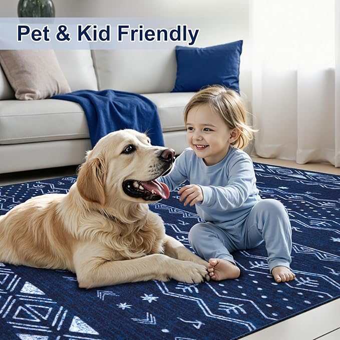 SERISSA 9x12 Area Rugs for Living Room, Washable Non-Slip Blue and White Boho Rug, Soft Low-Pile Geometric Indoor Large Carpet for Dining Room Bedroom Home Office Playroom
