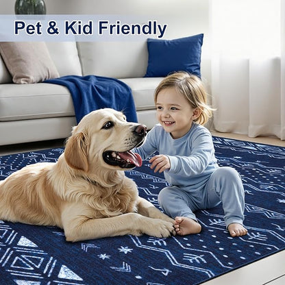 SERISSA 6x9 Area Rugs for Living Room, Washable Non-Slip Blue and White Boho Rug, Soft Low-Pile Geometric Indoor Large Carpet for Dining Room Bedroom Home Office Playroom