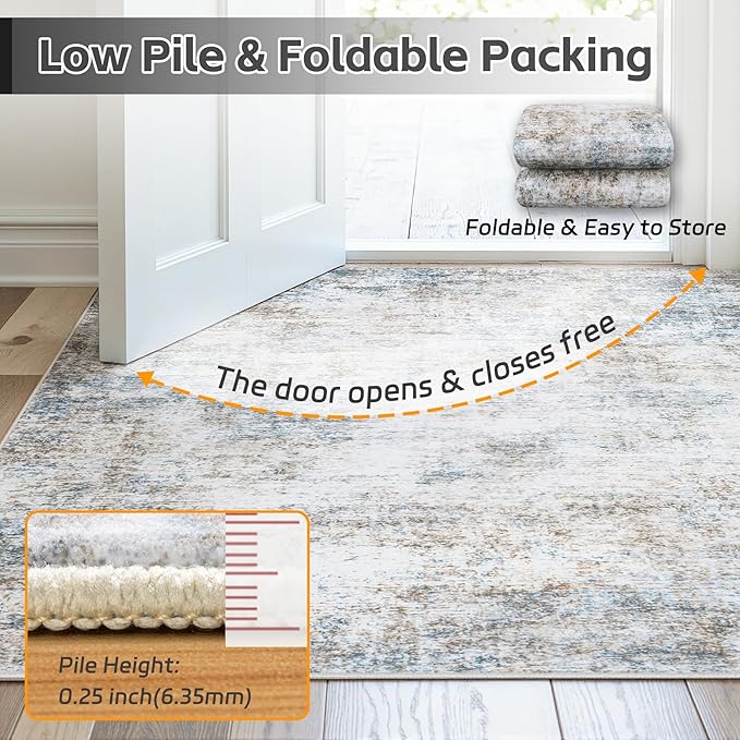 Area Rug 8x10 Living Room Rug Washable: No-Slip Abstract Soft Thin Large Brown White Hazy Blue Rugs, Indoor Floor Stain Resistant Modern Carpet for Bedroom Dining Room Farmhouse Nursery Home Office