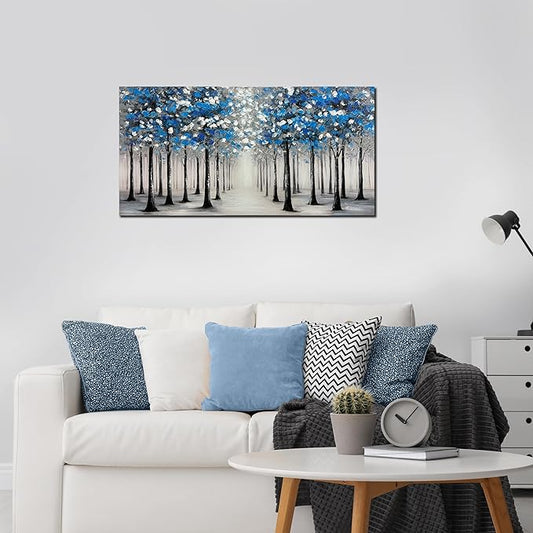 Trogonup Large Forest Wall Art for Living Room Blue and White Trees Landscape Painting Modern Textured Oil Painting for Bedroom Office Home Decor 20x40 Inch
