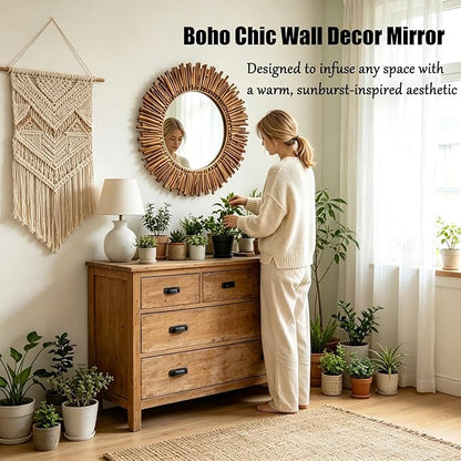 24 Inch Round Wall Mirror, Bohemian Sunburst Wall Mirror with Natural Wooden Stick Frame, Rustic Farmhouse Circle Decor Mirror for Bathroom, Bedroom, Living Room, Entryway Wall Art Decorative