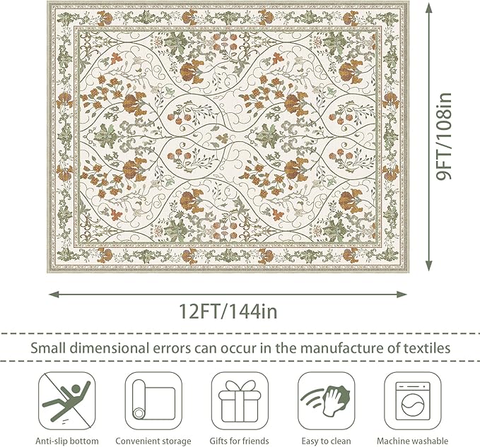9x12 Floral Washable Living Room Area Rug with Non Slip Backing,Soft Low Pile Stain Resistant Vintage Large Rugs Carpet for Bedroom Dining Room,Beige White