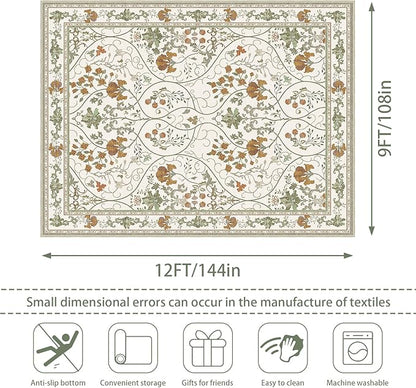 9x12 Floral Washable Living Room Area Rug with Non Slip Backing,Soft Low Pile Stain Resistant Vintage Large Rugs Carpet for Bedroom Dining Room,Beige White