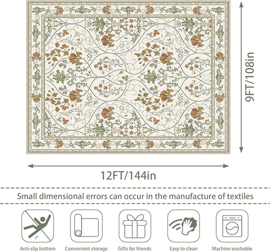 9x12 Floral Washable Living Room Area Rug with Non Slip Backing,Soft Low Pile Stain Resistant Vintage Large Rugs Carpet for Bedroom Dining Room,Beige White