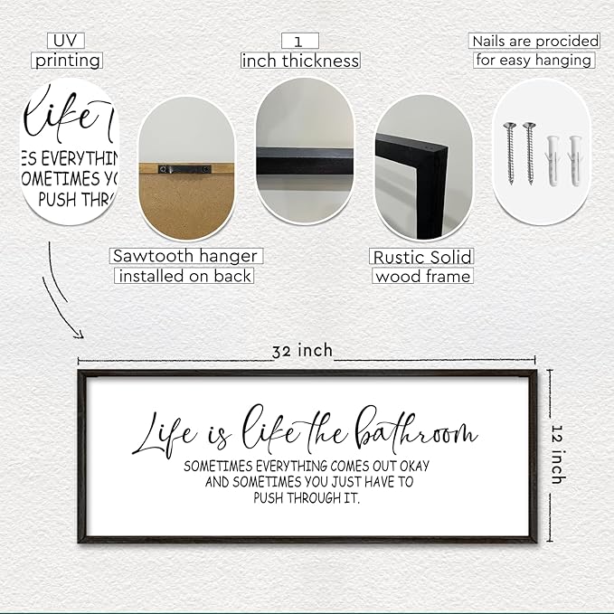 Life Is Like The Bathroom Sign Funny Motivational Quote Wall Decor 32"×12" Large Wood Framed for Bathroom Restroom Wall Hanging Art (Black)