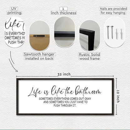 Life Is Like The Bathroom Sign Funny Motivational Quote Wall Decor 32"×12" Large Wood Framed for Bathroom Restroom Wall Hanging Art (Black)