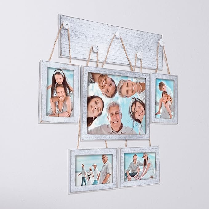 Collage Picture Frames Set of 5 for Wall – Rustic White Farmhouse Gallery Wall Frames with HD Plexiglass, Includes 4x6 & 8x10 Photo Frames, Vintage Wall Decor for Living Room, Bedroom & Home