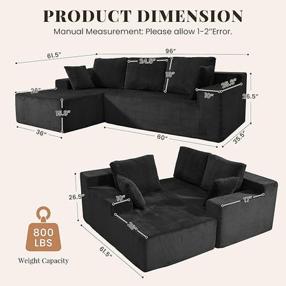GRUSIGN Cloud Sectional Boneless Couches for Living Room, Modular L Shaped Couch with Deep Seat Oversized Left Facing Chaise, Memory Foam Compressed Spineless 3 Seater Sofa for Apartment, Black