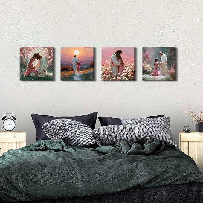 4 Piece Christian Canvas Wall Art Jesus Wall Decor Jesus Embracing Girls Pictures Canvas Prints Pink Women Bedroom Decor Sunset Landscape Posters Prayer Religious Artwork Living Room Decoration 12x12”