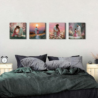 4 Piece Christian Canvas Wall Art Jesus Wall Decor Jesus Embracing Girls Pictures Canvas Prints Pink Women Bedroom Decor Sunset Landscape Posters Prayer Religious Artwork Living Room Decoration 12x12”