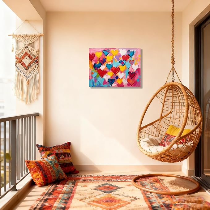12x16 Framed Graffiti Pink Hearts Canvas Art Wall Modern Abstract Love Painting Colorful Kids Bedroom Decor Teen Girl Rainbow Room Wall Posters Child Gift Bathroom Oil Prints Office Bright Pictures