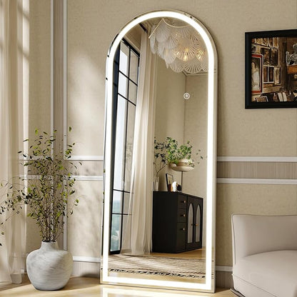 LED Arched Full Length Mirror with Lights 65"x26" - Lighted Floor Mirror with Dimming & 3 Color Lighting, Aluminum Frame Standing Leaning or Hanging for Bedroom Cloakroom White