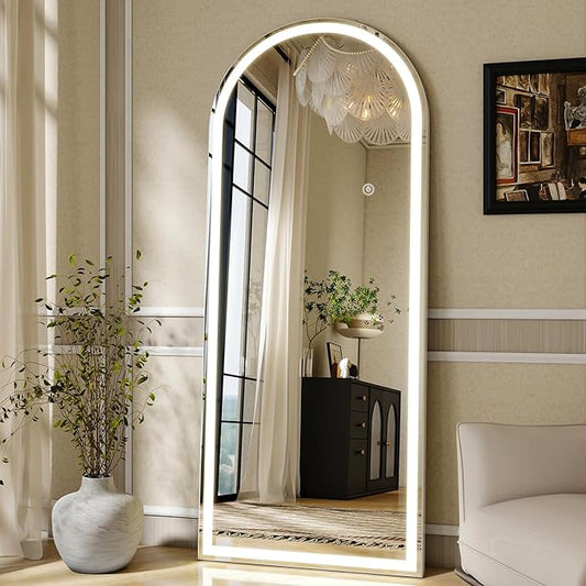 LED Arched Full Length Mirror with Lights 65"x26" - Lighted Floor Mirror with Dimming & 3 Color Lighting, Aluminum Frame Standing Leaning or Hanging for Bedroom Cloakroom White
