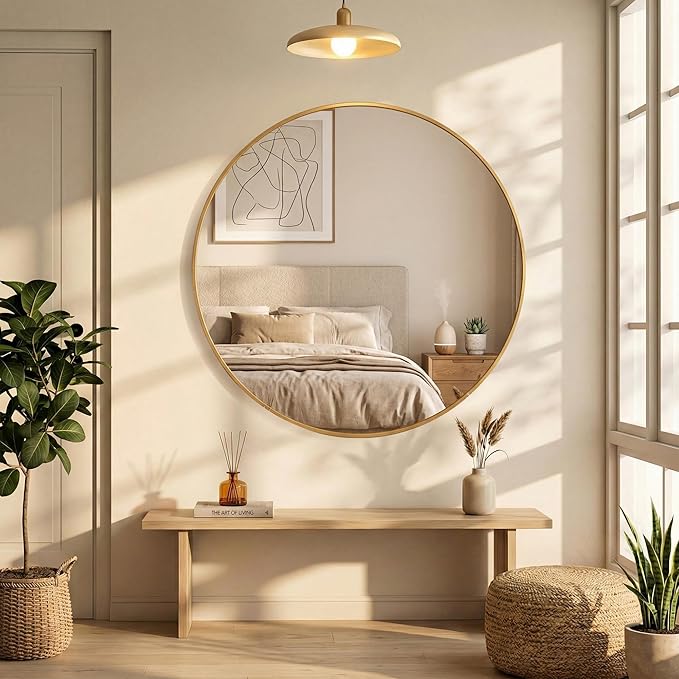 OLIXIS Bathroom Round Mirror for Over Sink, 24 Inch Wall Circle Mirror with Matte Metal Framed, Modern Wall Mount Vanity Mirror for Home Decor, Living Room, Bedroom, Gold