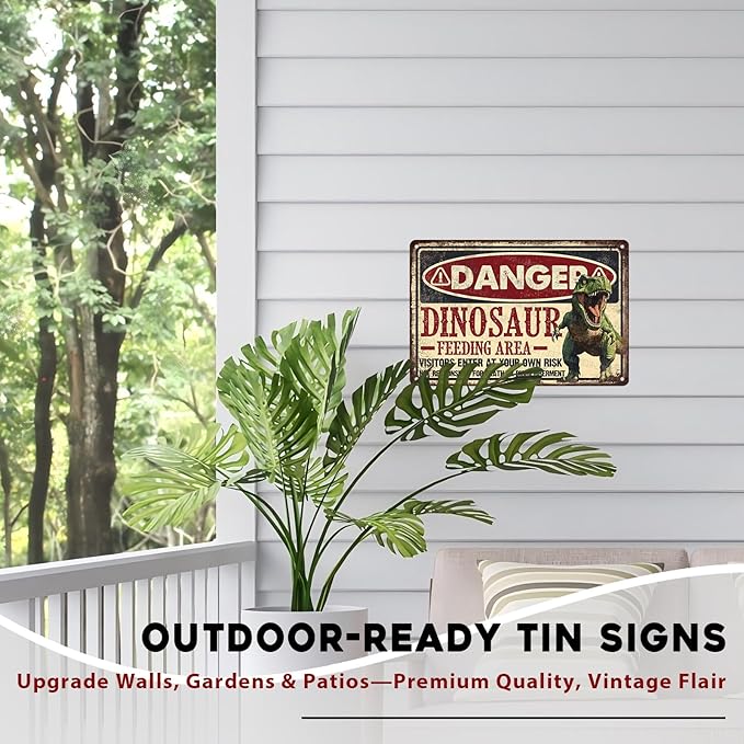 Dinosaur Vintage Tin Sign Dinosaur Feeding Area Great Boy's Room Metal Decor Sign Warning for Bedroom and Playroom 8x12inch