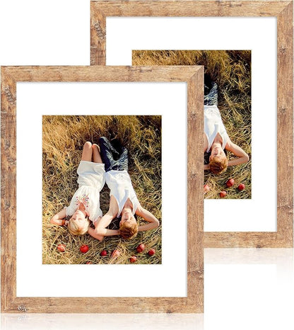 iRahmen 11x14 Picture Frame Set of 2 with Tempered Glass, Rustic Brown Frame Display 8x10 Pictures with Mat or 11 x 14 Without Mat, Wooden Photo Frame for Horizontal or Vertical Wall Mount
