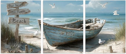 TutuBeer 3 Pcs Coastal Bathroom Canvas Wall Art Nautical Boat on Beach Canvas Picture Ocean Seagull Seascape Prints for Wall Sea Bird Farmhouse Artwork for Bedroom Living Room Decor Each Panel 12"x16"