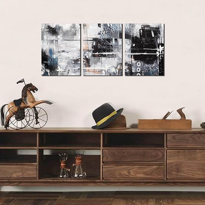 HUBOSKN Abstract Wall Art for Living Room - Modern Black and White Wall Art for Bedroom - Home Office Wall Decor Size 12" x 16" x 3 Piece