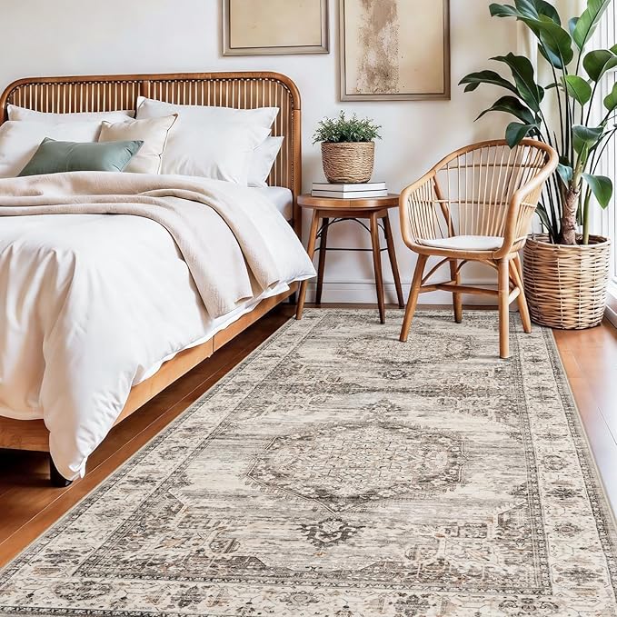 Washable Hallway Runner Rugs 4x8: Soft Ultra Thin Low Pile Carpet Machine Washable Indoor Lightweight Rug Runner Anti Slip Backing Rugs for Living Room Bedroom Kitchen 4'x8' Beige