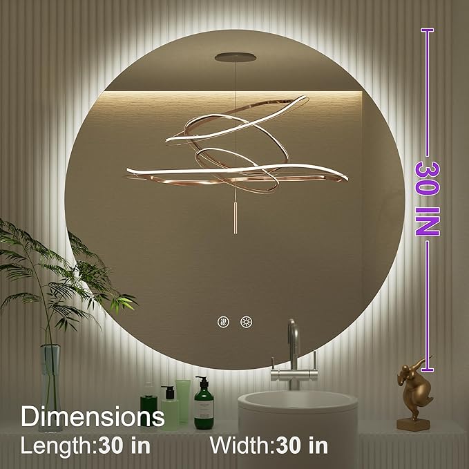 30 Inch Round LED Bathroom Mirror with Light, 3 Color Temperatures (3000K/4500K/6000K), Anti-Fog, Dimmable Backlit, Frameless Round Lighted Bathroom Mirror