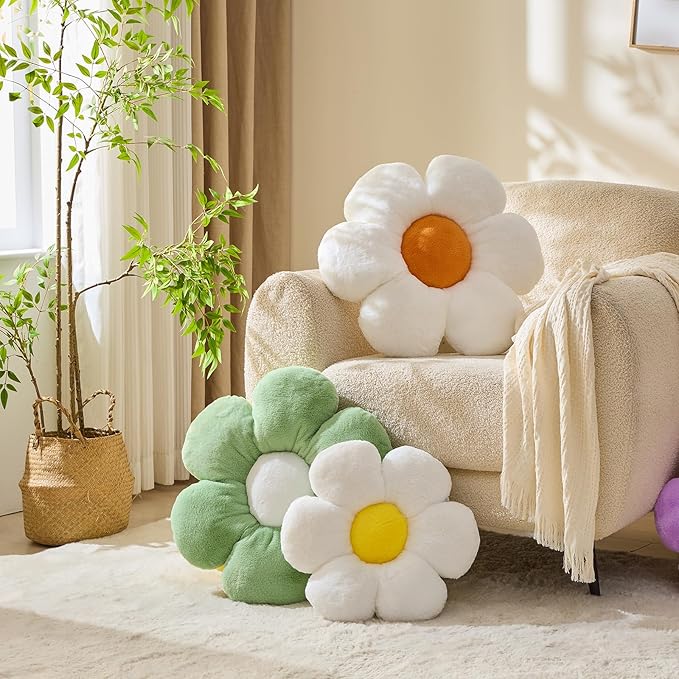 CANGHI Flower Pillow White 15.74 inch Flower Shaped Throw Pillows Daisy Plush Pillow Floor Pillows Seat Cushion Cute Aesthetic Decorative Throw Pillows for Bed Home Sofa Chair Couch Decor