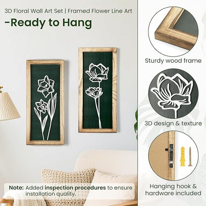 3D Floral Wall Art with 7''×16'' Botanical Textured Framed Artwork Decor Wall Art for Living Room Bedroom Office Bathroom Decor Wall Modern Boho Farmhouse Decor Wooden Ready to Hang (Set of 2)