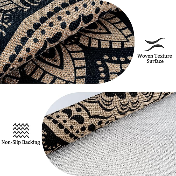 Easy Jute Outdoor Round Rug, 8ft Washable Indoor Outdoor Patio Rug, Black Non Slip Round Area Rug Farmhouse, Boho Carpet for Backyard Patio