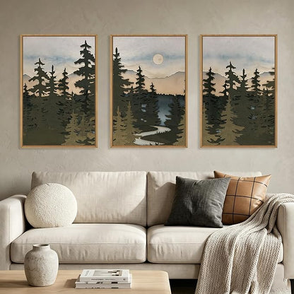 HPNIUB Woodcut Style Mountain Framed Wall Art Set,Vintage Pine Tree Wall Decor,Boho Sunset Nature Art Print,Wilderness Forest Artwork for Living Room, Bedroom,Dining Room,Office-24 x36 x3