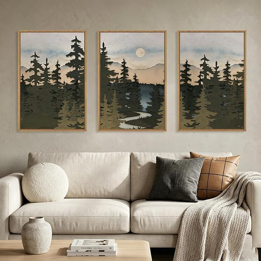 HPNIUB Woodcut Style Mountain Framed Wall Art Set,Vintage Pine Tree Wall Decor,Boho Sunset Nature Art Print,Wilderness Forest Artwork for Living Room, Bedroom,Dining Room,Office-16''x24''x3